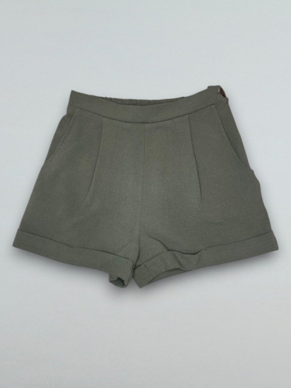 Olive Green High Waist Dress Shorts Side Zip Cuffed Casual Medium